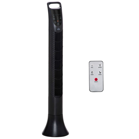 Photo of HOMCOM 36'' Freestanding Tower Fan, 3 Speed 3 Mode, 7.5h Timer, 70 Degree Oscillation, LED Panel, 5M Remote Controller, Black in Black colour on a white background