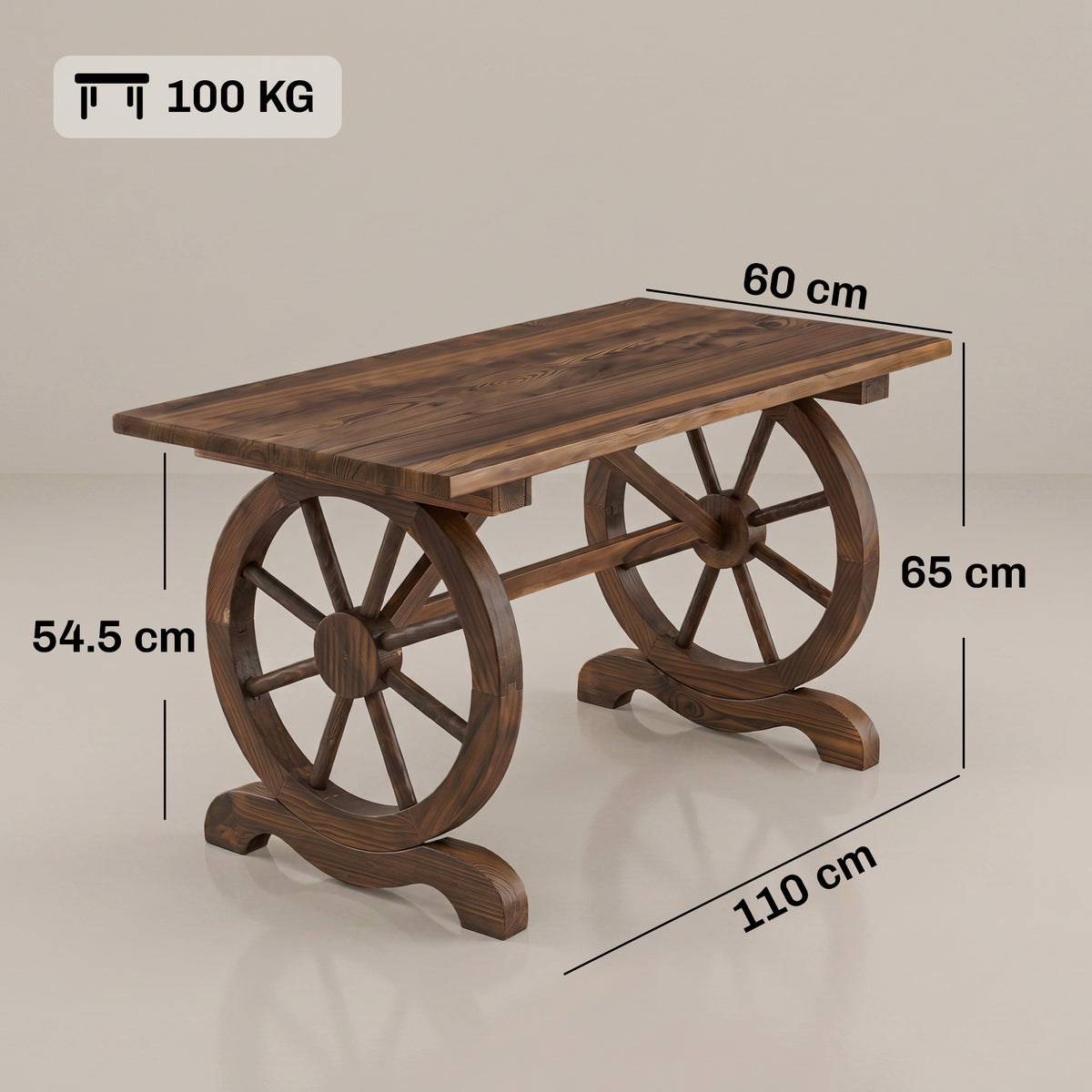 Outsunny wooden wagon wheel table, 110 x 60 x 65 cm, with a 100 kg capacity