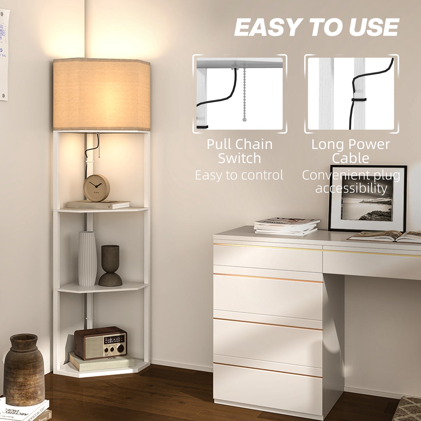 HOMCOM Corner Floor Lamp with Shelves, Tall Standing Lamps for Living Room, with Pull Chain Switch Bulb not Included, White