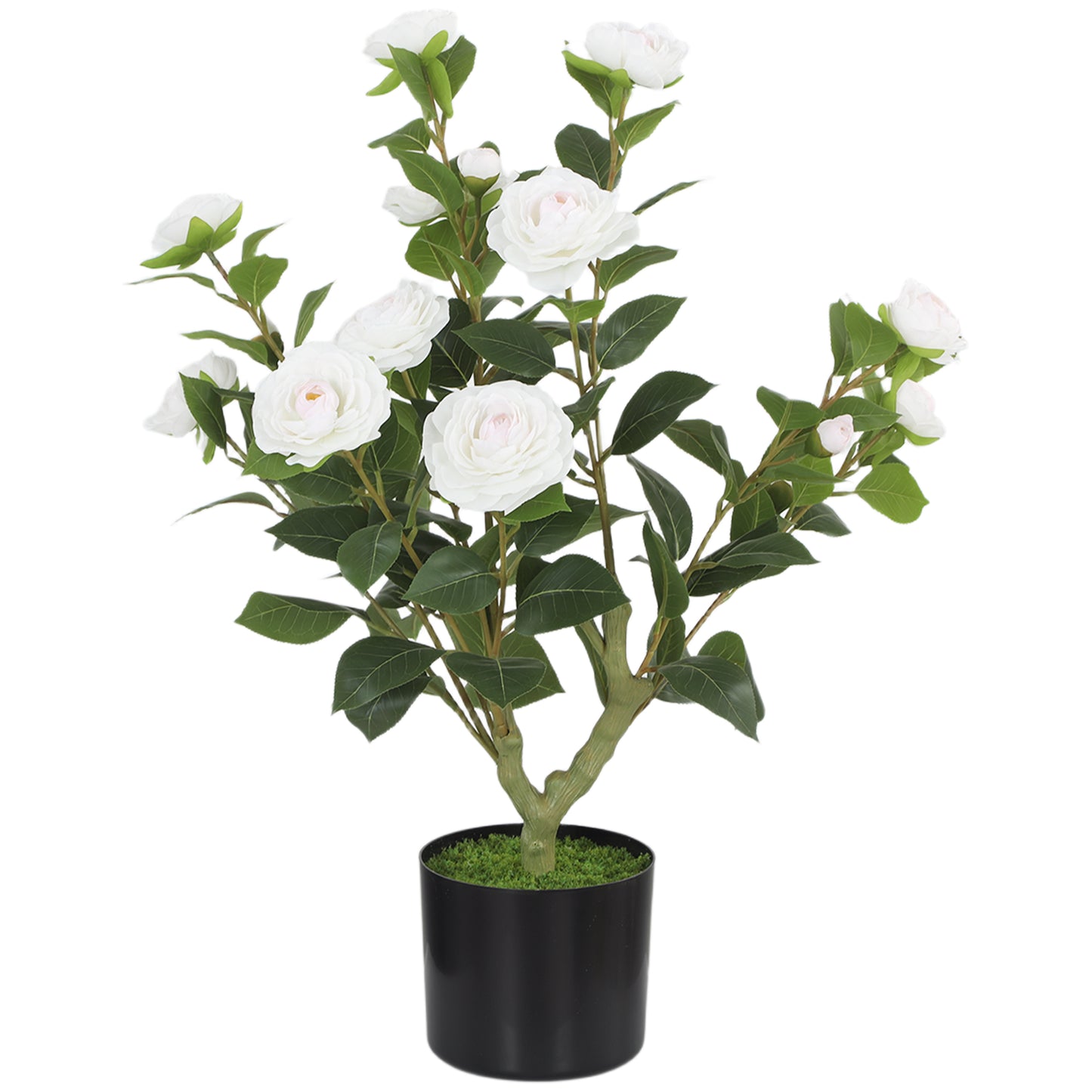 Photo of HOMCOM 65cm Artificial Camellia Flower Plant in Pot with 116 Lush Leaves & Moss Effect, White in White colour on a white background