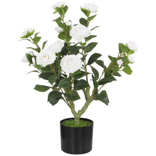 Photo of HOMCOM 65cm Artificial Camellia Flower Plant in Pot with 116 Lush Leaves & Moss Effect, White in White colour on a white background