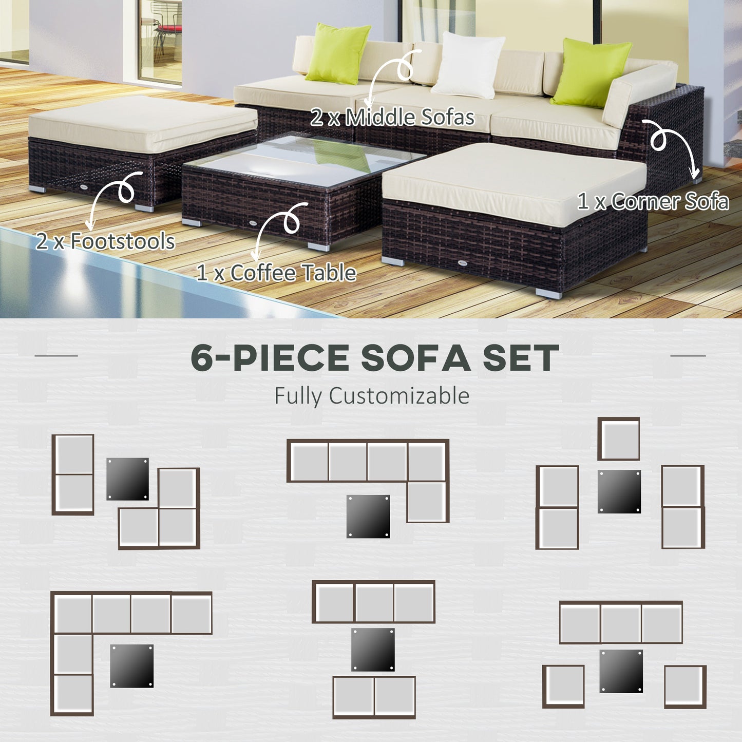 Outsunny 6 PC Rattan Sofa Coffee Table Set, Sectional Wicker Weave Furniture for Garden Outdoor Conservatory with Pillow Cushion, Brown