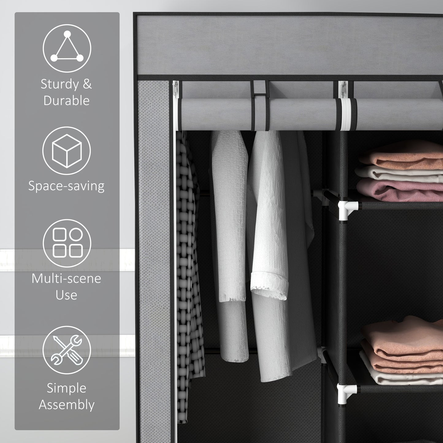 HOMCOM Foldable Fabric Wardrobe for Bedroom, Portable Wardrobe with 5 Shelves, 2 Hanging Rails and 3 Fabric Drawers, Dark Grey