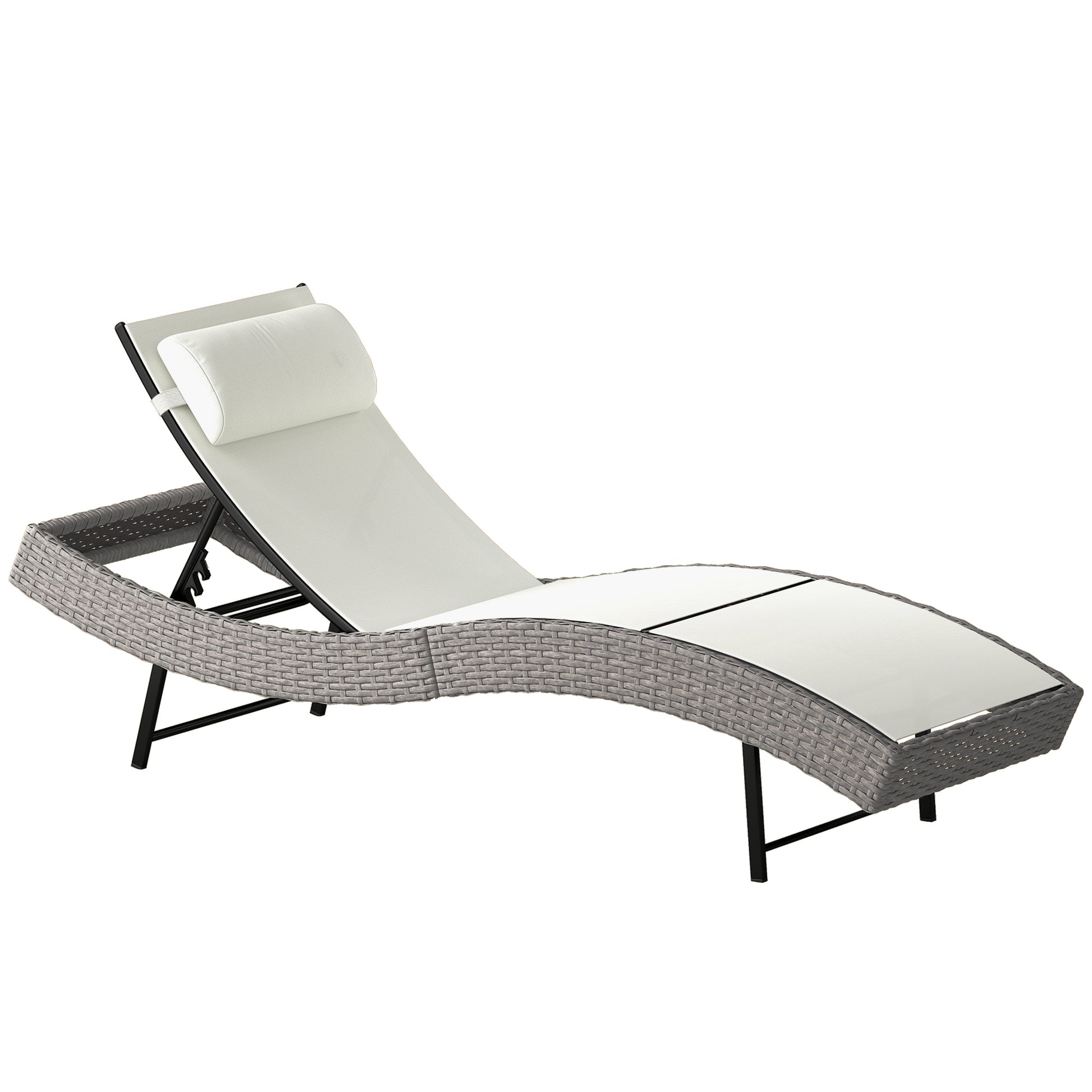 Photo of Outsunny Rattan Sun Lounger, Garden Recliner with 5 Position Adjustable Back, S Shaped Texteline Seat, Headrest, Cream White in White colour on a white background