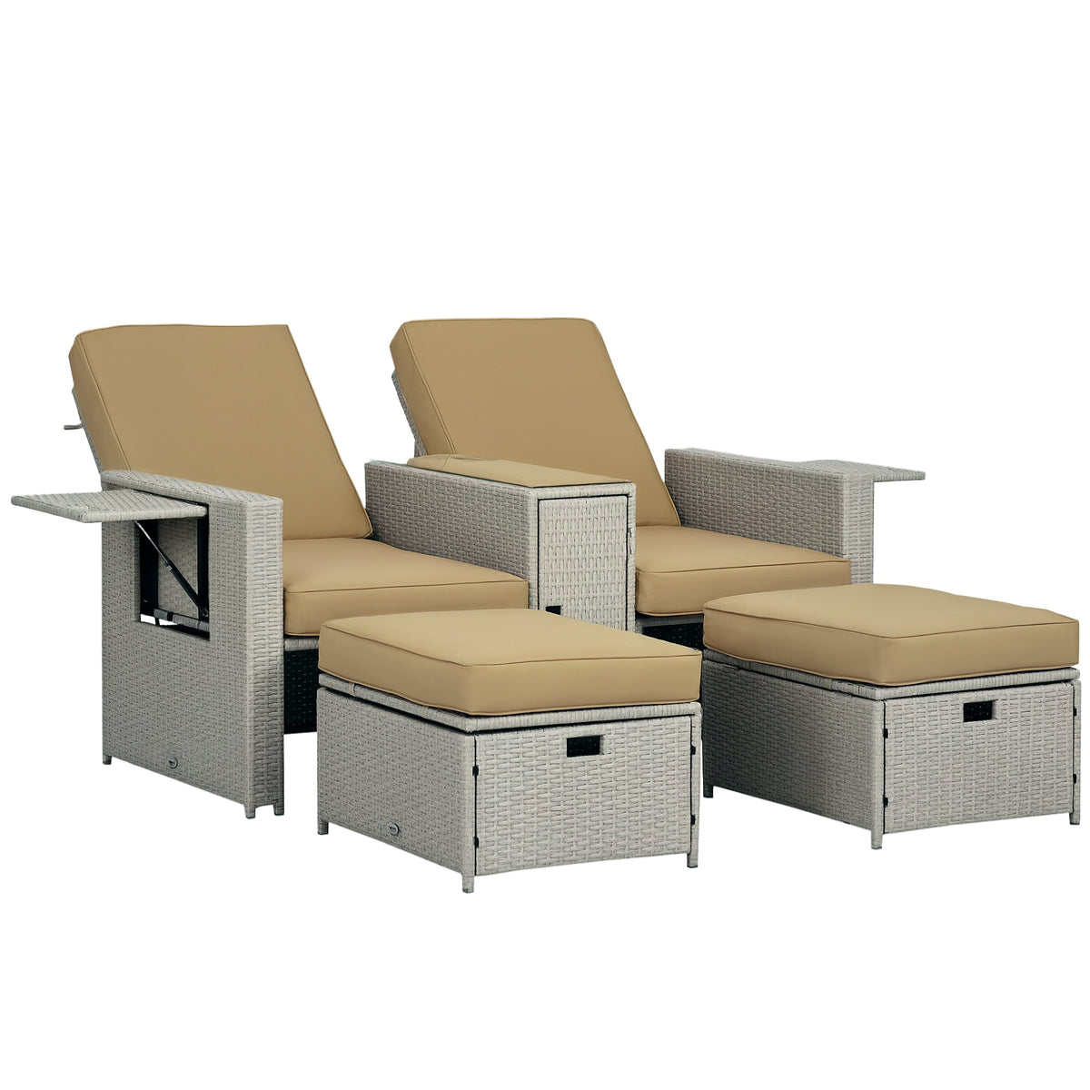 Outsunny beige rattan lounger set with two recliners, storage side table and cushioned footstools