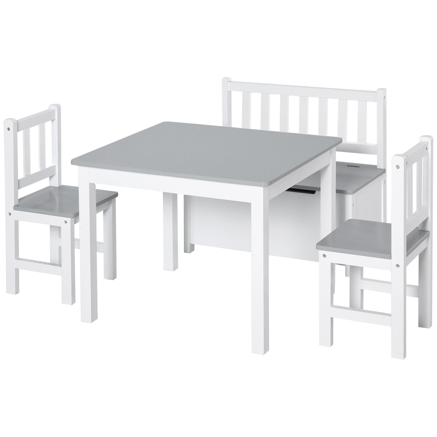 Photo of HOMCOM 4-Piece Kids Table and Chair Set with 2 Wooden Chairs, 1 Storage Bench, and Interesting Modern Design, Grey/White in Grey/White colour on a white background