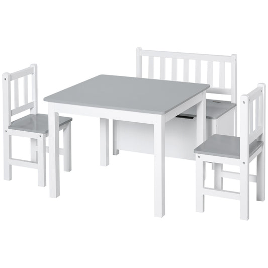 Photo of HOMCOM 4-Piece Kids Table and Chair Set with 2 Wooden Chairs, 1 Storage Bench, and Interesting Modern Design, Grey/White in Grey/White colour on a white background