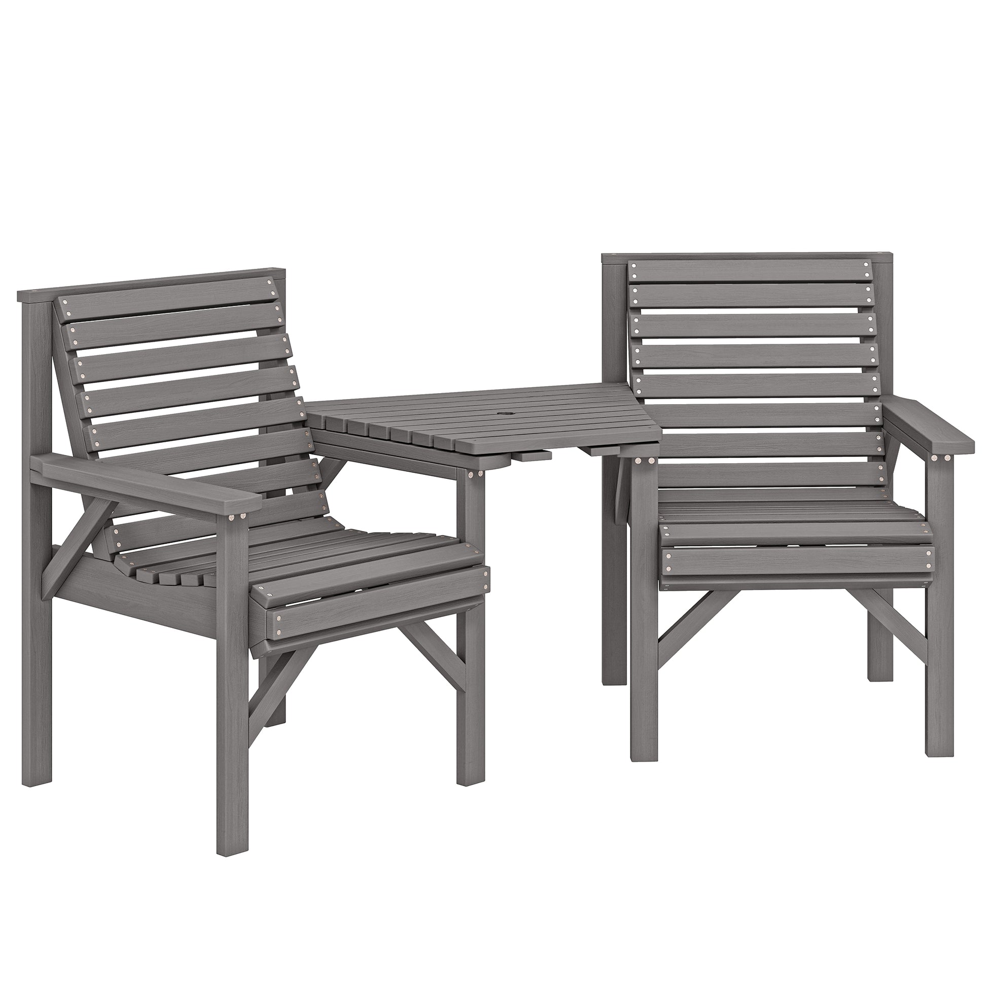 Photo of Outsunny Wooden Garden Bistro Set, 2 Seater Wooden Outdoor Table and Chairs with Parasol Hole for Patio, Light Grey in Grey colour on a white background