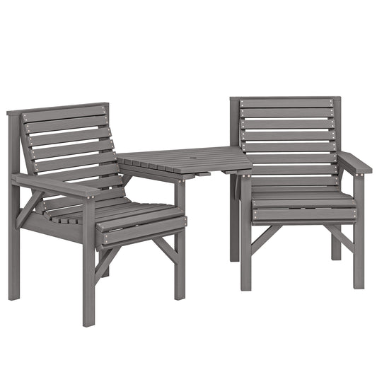Photo of Outsunny Wooden Garden Bistro Set, 2 Seater Wooden Outdoor Table and Chairs with Parasol Hole for Patio, Light Grey in Grey colour on a white background