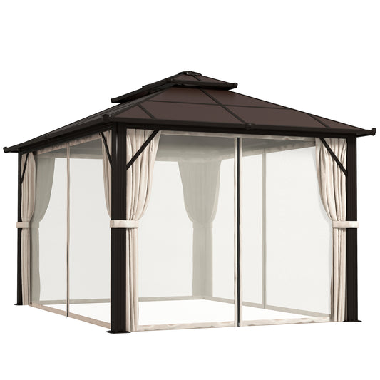 Photo of Outsunny 3 x 4m Hardtop Gazebo Canopy with UPF30+ Double Polycarbonate Roof, Aluminium Frame Garden Gazebo Permanent Pavilion with Mosquito Netting and Curtains for Patio, Deck, Beige in Beige colour on a white background