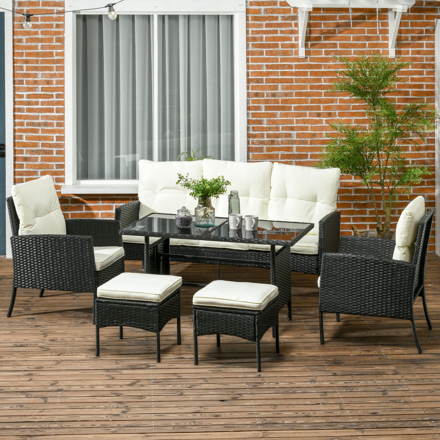 Outsunny 7 Seater Rattan Garden Furniture Set, 6 Piece Garden Dining Set, Armchairs, 3-Seater Sofa, Footstools, Glass Dining Table, Cushions, Wicker Outdoor Furniture for Conservatory Patio, Cream