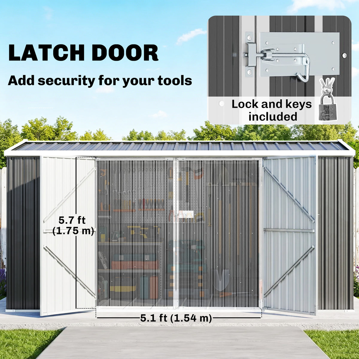 Outsunny garden shed with latch doors and lock, shown with door dimensions