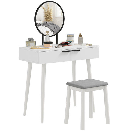 White dressing table with two drawers, round mirror, and gray cushioned stool