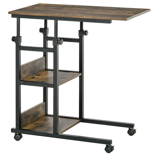 HOMCOM C-shaped rolling side table with adjustable brown top, two shelves and black metal frame