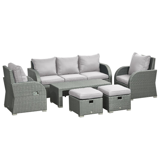 Photo of Outsunny Six-piece Outdoor Rattan Dining Set, Outdoor Sofa Set with Reclining Armchairs and Mental Frame, Grey in Grey colour on a white background