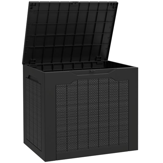 Photo of Outsunny 97L Plastic Garden Storage Box, Outdoor Storage Box with Handles, Waterproof Outdoor Storage Container, Black in Black colour on a white background