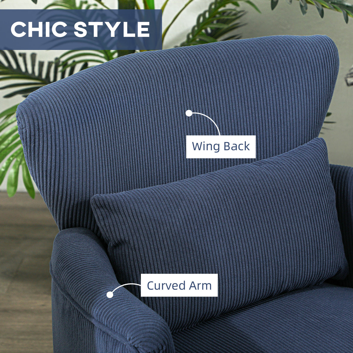 Close-up of the chair's ribbed corduroy wing back, lumbar pillow, and curved arm