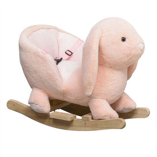 Photo of HOMCOM Baby Rocking Horse, Plush Ride On Horse, Rabbit Ride-On Toy with Sound, Wood Base, Seatbelt, for Ages 18-36 Months, Pink in Pink colour on a white background