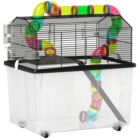 Photo of PawHut Two-Tier Hamster Cage with 31cm Deep Tray, Tube System, Water Bottle, Ramp, Feeding Bowl, Multicoloured in Multicoloured colour on a white background