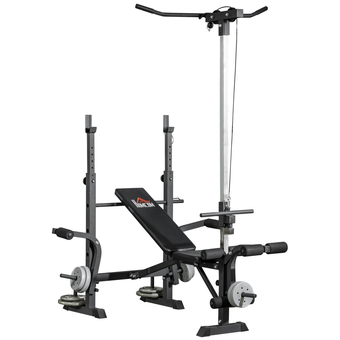 Photo of HOMCOM Adjustable Weight Bench with Pulley System, Incline Bench Press Set with Squat Rack, Leg Developer, Butterfly and Weight Storage, for Home Gym Full Body Workout in Workout colour on a white background