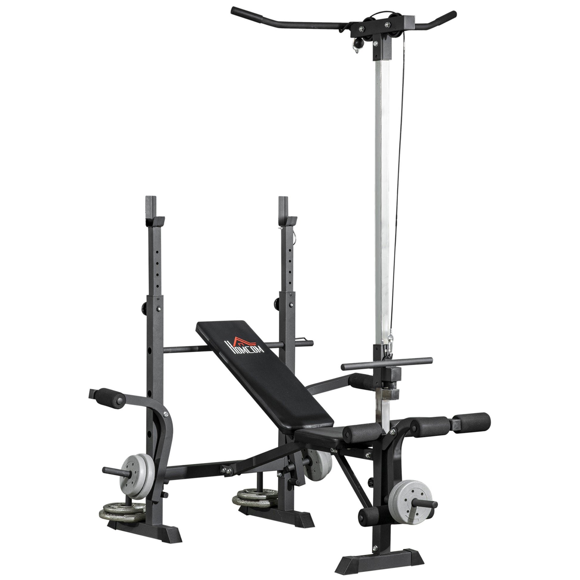 Photo of HOMCOM Adjustable Weight Bench with Pulley System, Incline Bench Press Set with Squat Rack, Leg Developer, Butterfly and Weight Storage, for Home Gym Full Body Workout in Workout colour on a white background