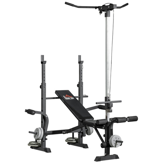 HOMCOM adjustable weight bench with squat rack, pulley, leg developer and weight storage
