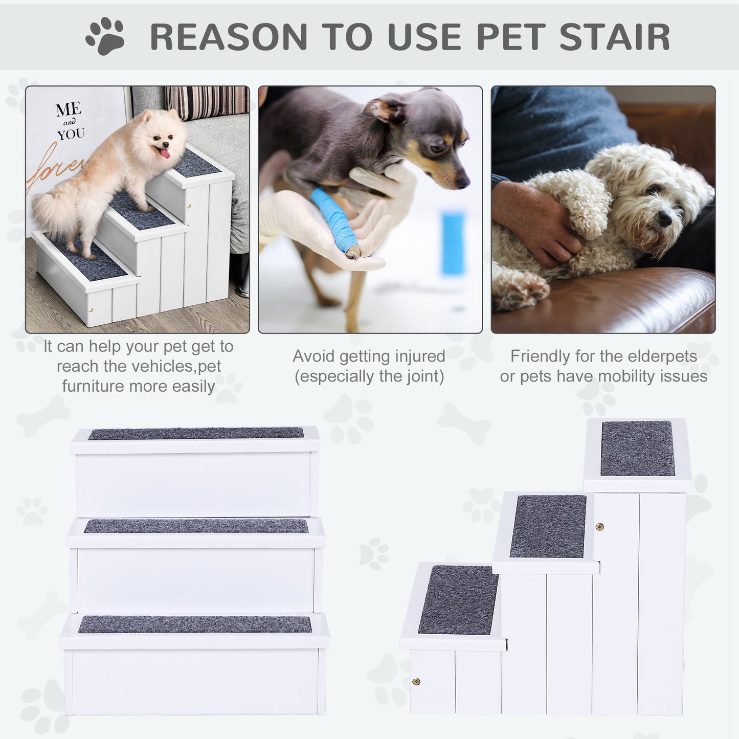PawHut Dog Steps for Bed Sofa, 3 Step Wooden Dog Stairs for Sofa, Pet Stairs with Storage for Small Cats and Puppy, White