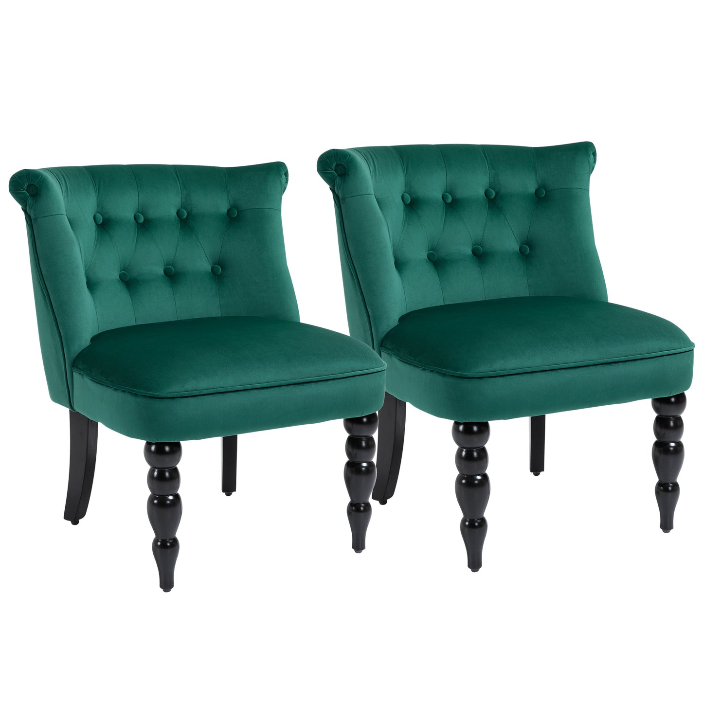Photo of HOMCOM Velvet Accent Chair Set of 2, Button Tufted Wingback Chair with Rubber Wood Legs for Living Room, Bedroom, Dark Green in Green colour on a white background