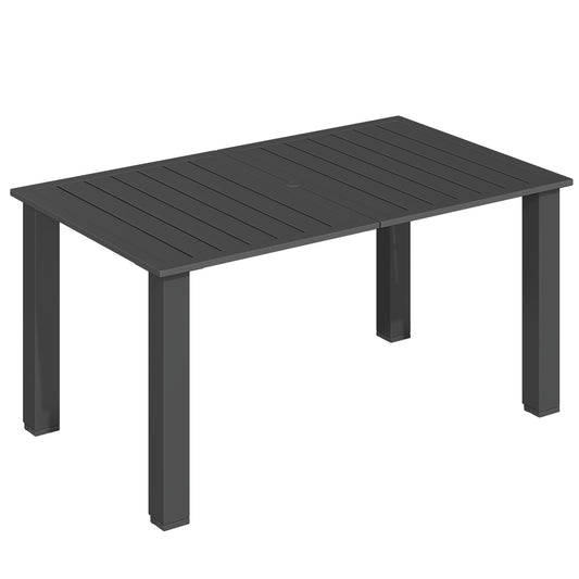 Photo of Outsunny Garden Dining Table for 6 with Parasol Hole, Rectangle Outdoor Garden Table with Slatted Metal Top, Steel Frame, Black in Black colour on a white background