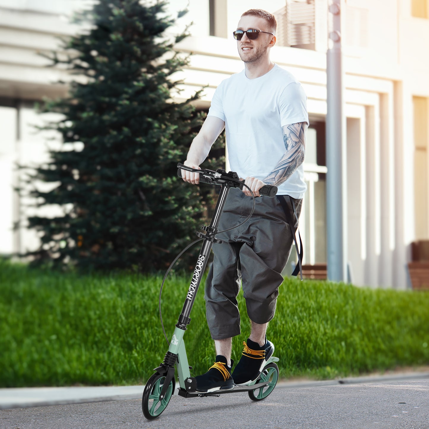HOMCOM One-click Folding Kick Scooter for 14+ w/ Adjustable Handlebar, Push Scooter with Kickstand, Dual Brake System, Shock Absorber, 200mm Wheels & ABEC-9 Bearings, Green