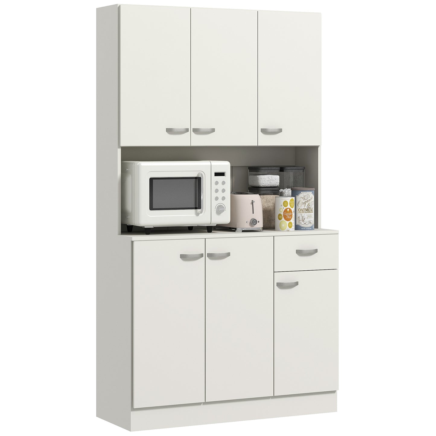 Photo of HOMCOM Freestanding Kitchen Pantry Storage Cabinet with Adjustable Shelves & Middle Worktop - White in White colour on a white background
