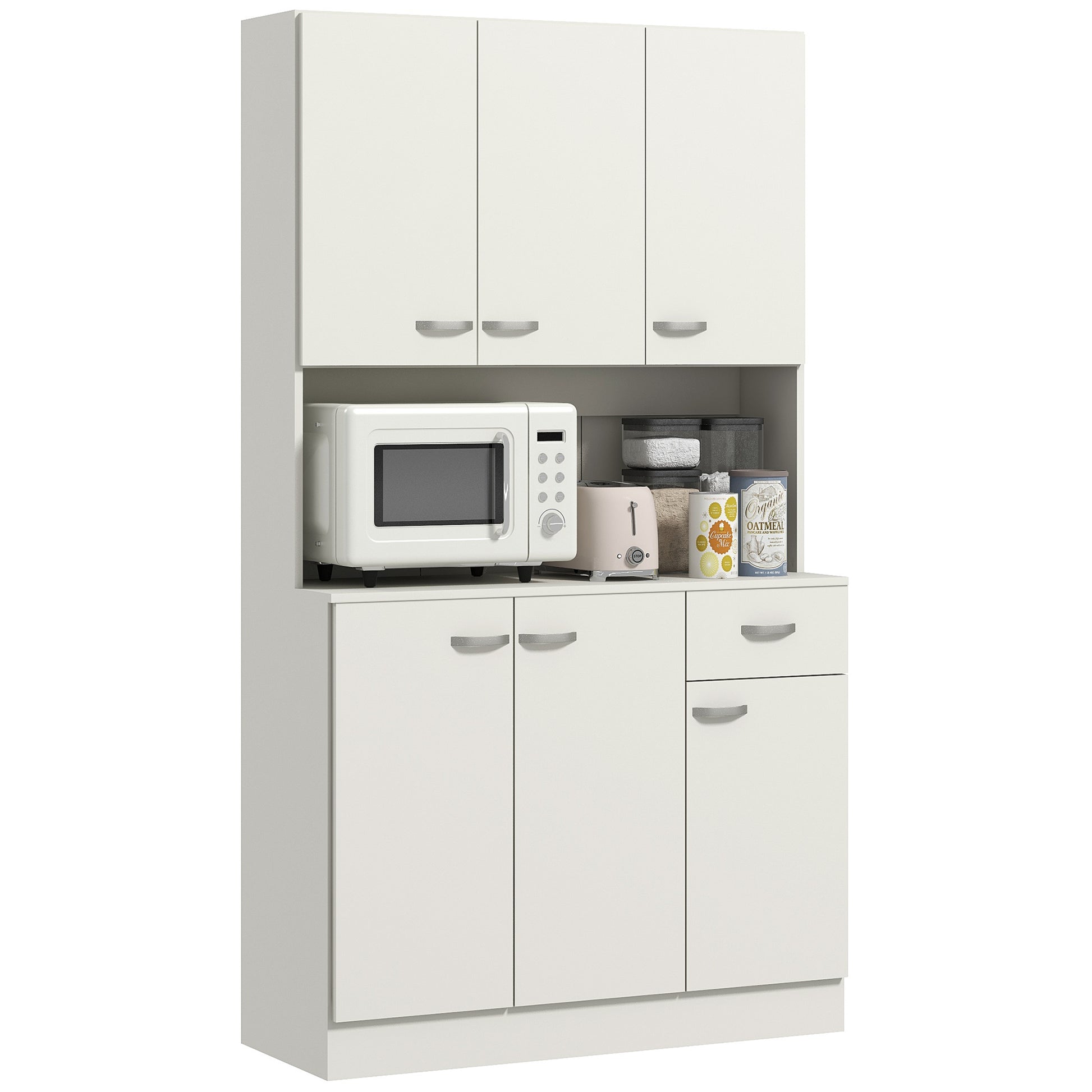 Photo of HOMCOM Freestanding Kitchen Pantry Storage Cabinet with Adjustable Shelves & Middle Worktop - White in White colour on a white background