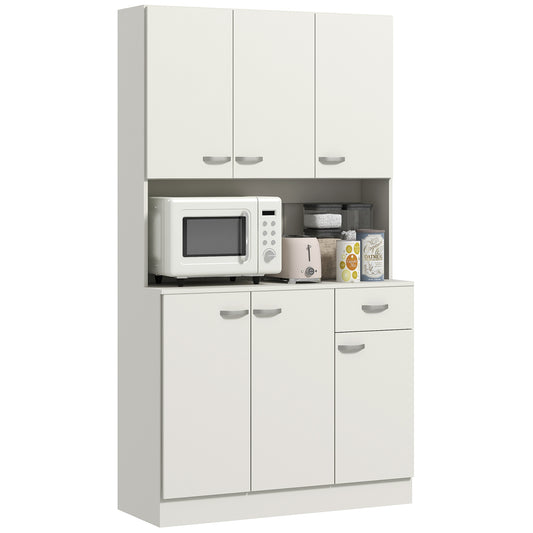 Photo of HOMCOM Freestanding Kitchen Pantry Storage Cabinet with Adjustable Shelves & Middle Worktop - White in White colour on a white background
