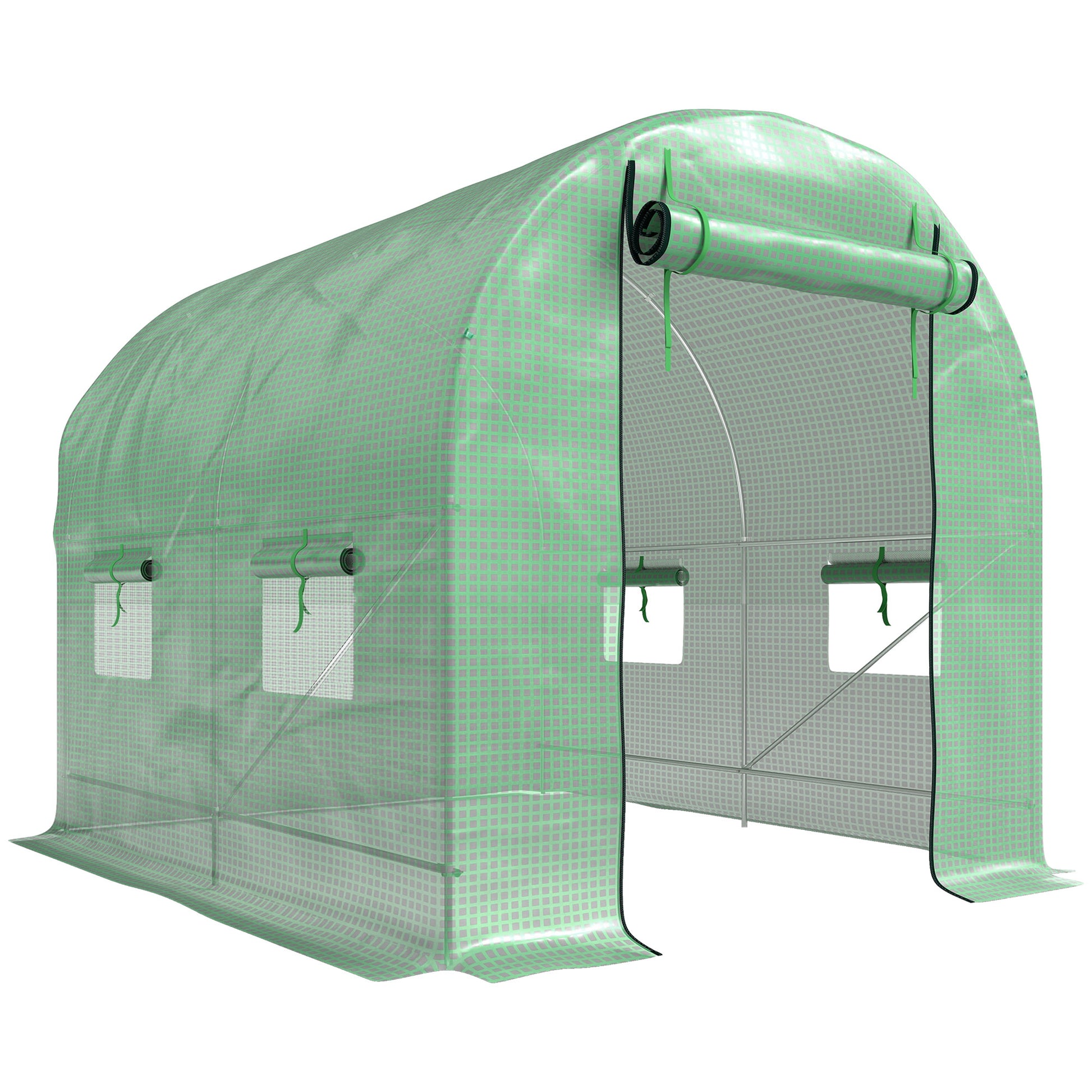 Photo of Outsunny Walk-In Garden Polytunnel Greenhouse with Steel Frame, PE Cover, Roll-Up Door and 4 Windows, 2.5 x 2m, Green in Green colour on a white background