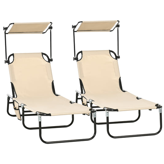 Photo of Outsunny 2 Piece Folding Sun Loungers with Canopy, Adjustable Recliner Garden Chairs with Side Pocket, Steel Frame and Breathable Mesh for Outdoor, Pool, Beach, Garden, Tan Brown in Brown colour on a white background