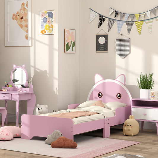 Photo of ZONEKIZ Bed for Kids Cat Design Toddler Bed Frame Bedroom Furniture with Guardrails, for 3-6 Years, 143L x 74W x 72Hcm - Pink in Pink colour on a white background