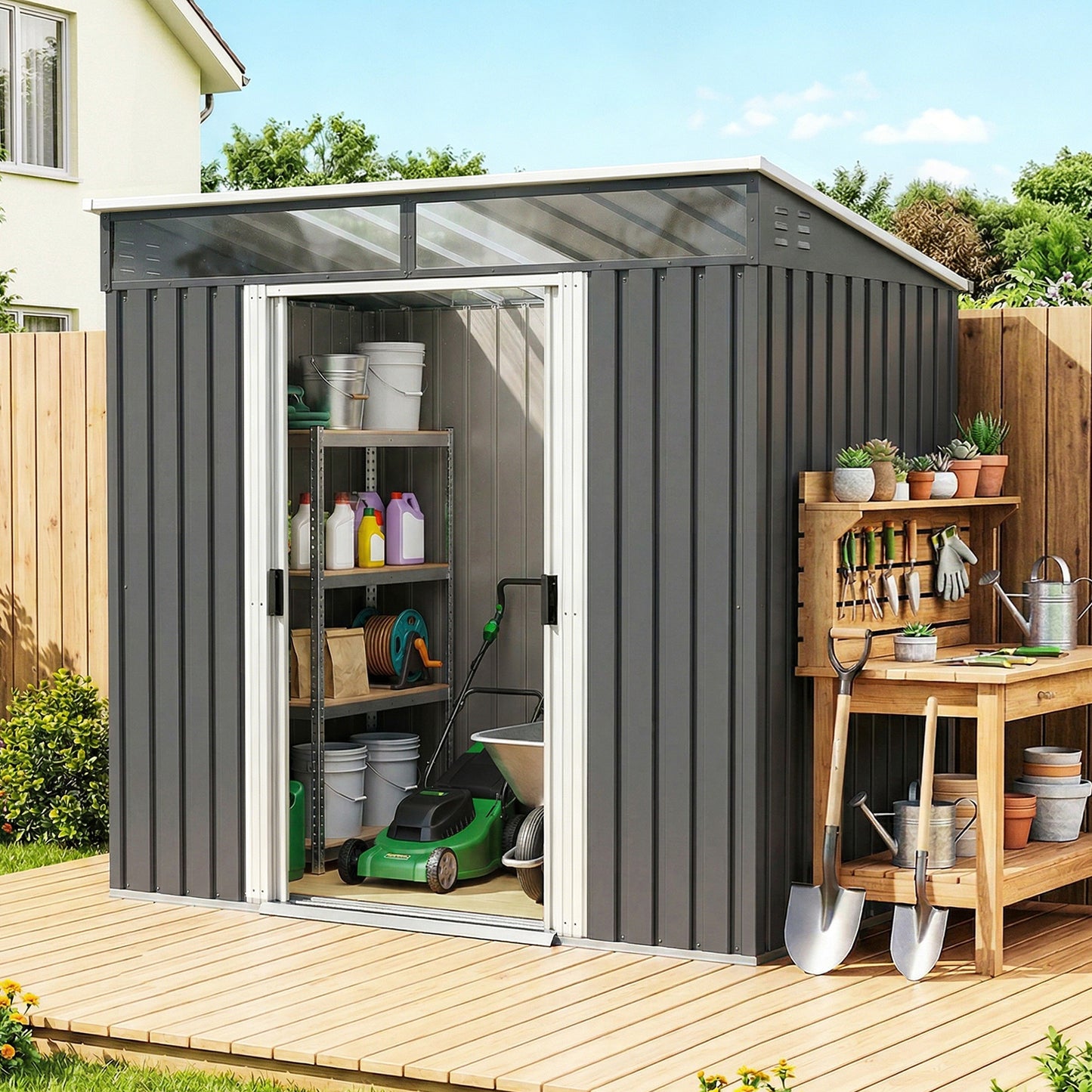 Outsunny 6.5 x 4FT Galvanised Metal Shed with Foundation Kit, Lockable Tool Garden Shed with Double Sliding Doors, Vents, Grey
