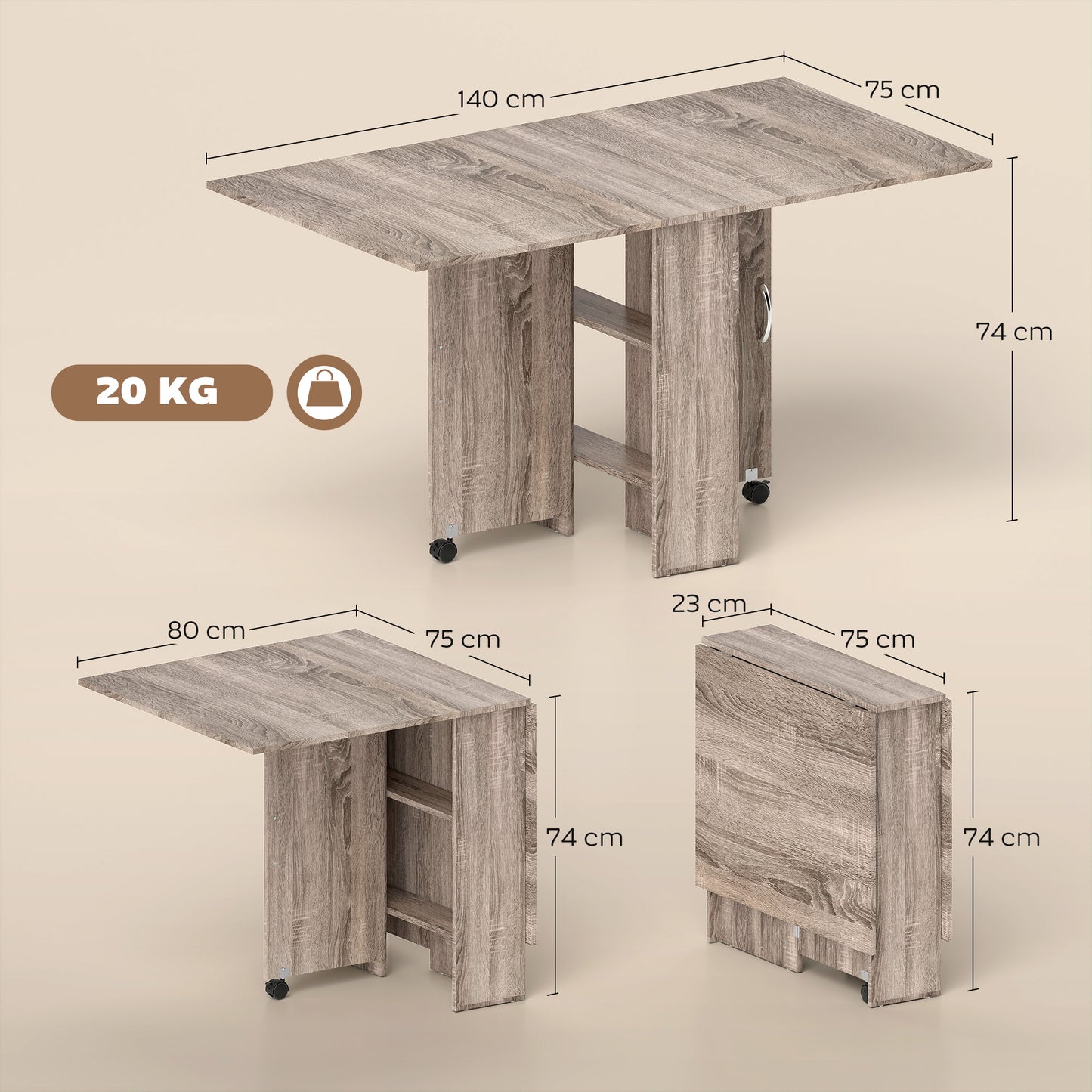 HOMCOM 80-140 cm Folding Dining Table for 4-6 People, Drop Leaf Table with 2-Tier Shelves, Rolling Casters, for Small Spaces, Kitchen, Flat, Dining Room, Grey