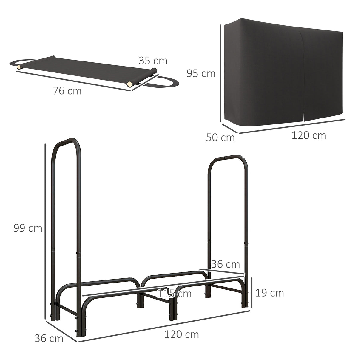 Firewood rack, removable cover, and carrier shown with dimensions