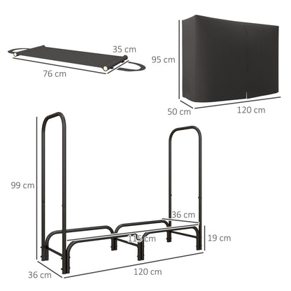 Firewood rack, removable cover, and carrier shown with dimensions