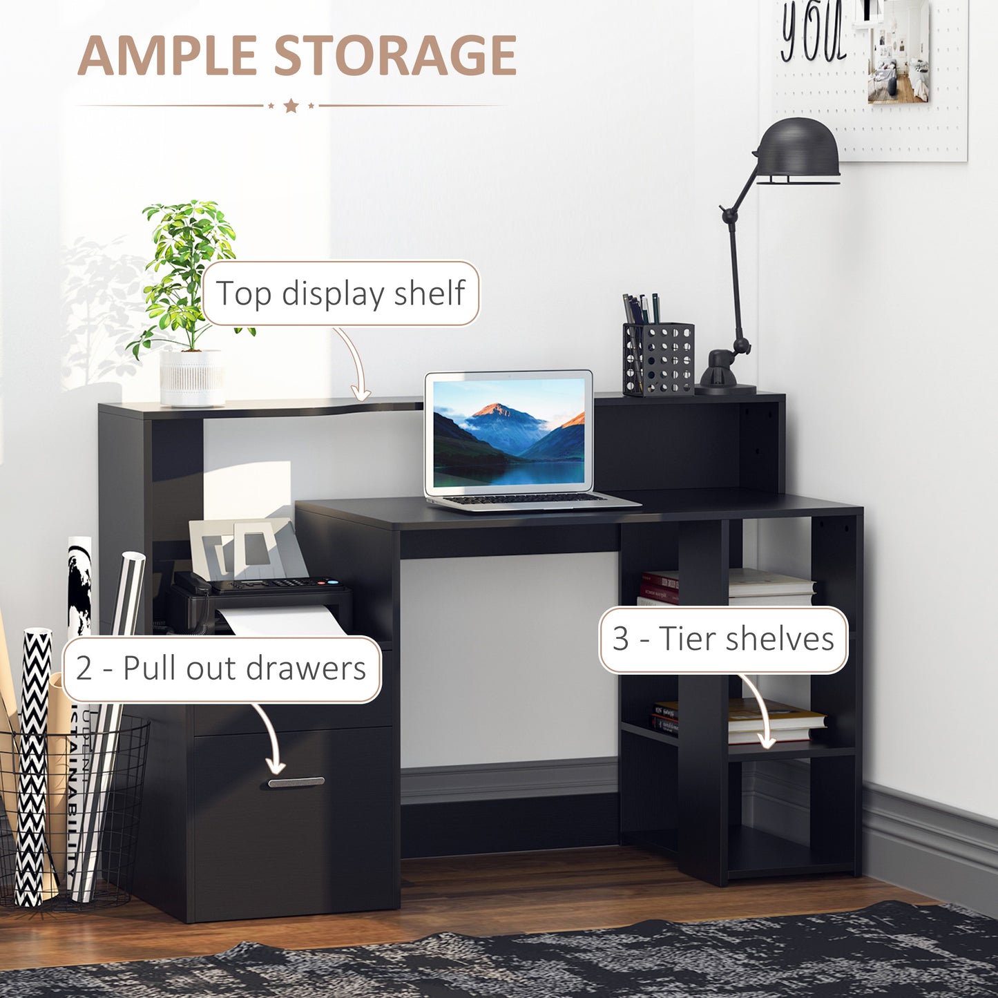HOMCOM Computer Desk with Drawers and Storage Shelves, Office Desk Writing Table with Printer Stand, Black