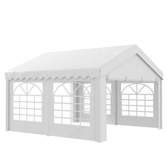 Photo of Outsunny 4m x 4m Marquee Party Tent, Heavy Duty Wedding Canopy with Sidewalls, Doors, Windows, Galvanised Garden Gazebo for Parties Events, White in White colour on a white background