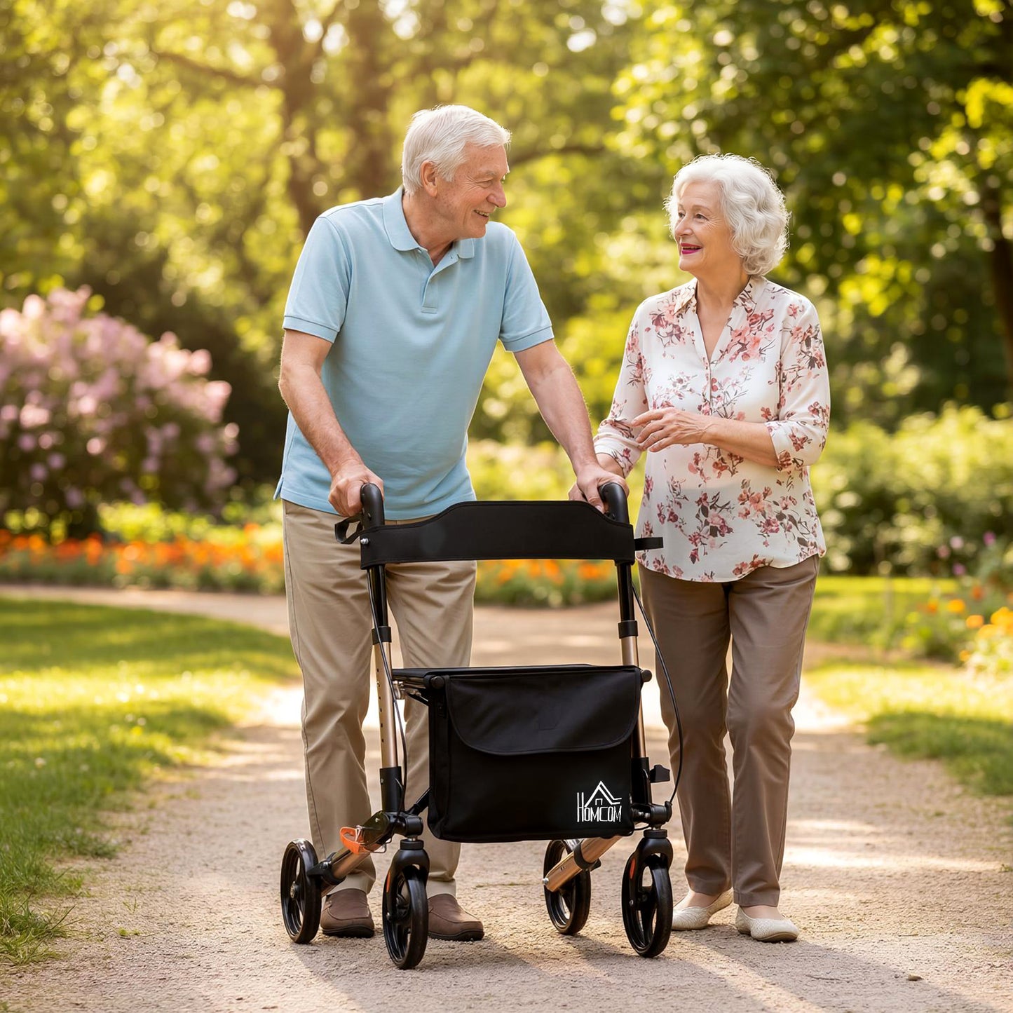 HOMCOM Rollator Walker with Seat with Carry Bag, Adjustable Height, Cane Holder for Seniors and Disabled, Gold Tone
