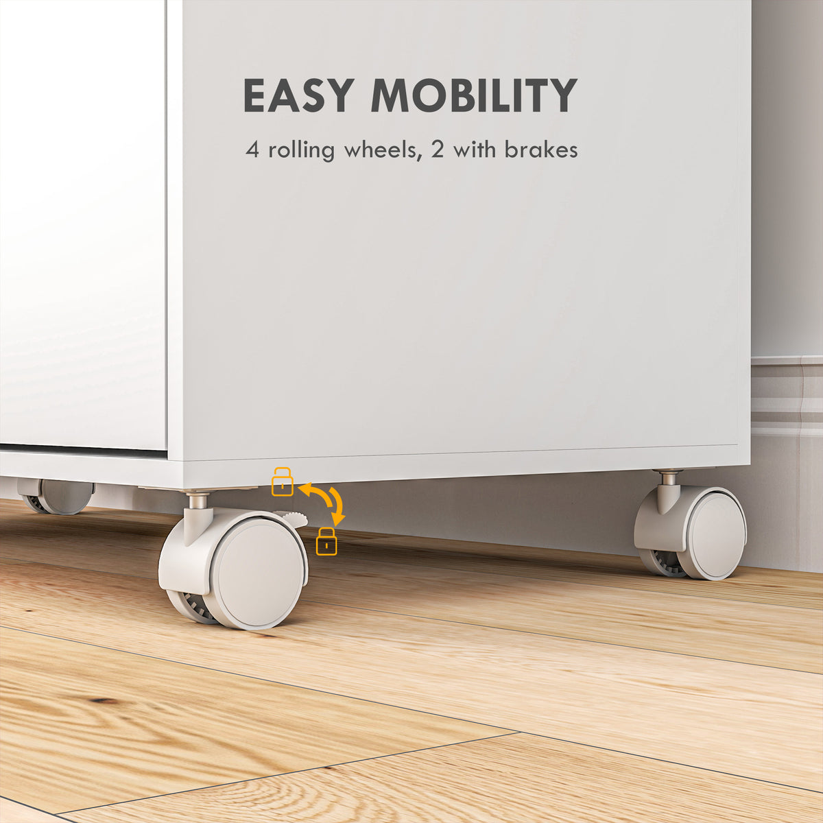 Close-up of the white cabinet's rolling caster wheels, including two with brakes