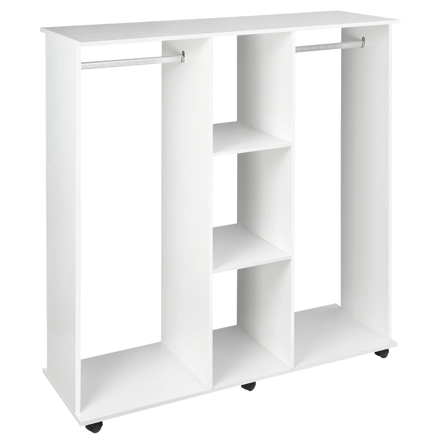 Photo of HOMCOM Open Wardrobe Double Mobile Storage Shelves Organizer W/6 Wheels-White in Wheels-White colour on a white background