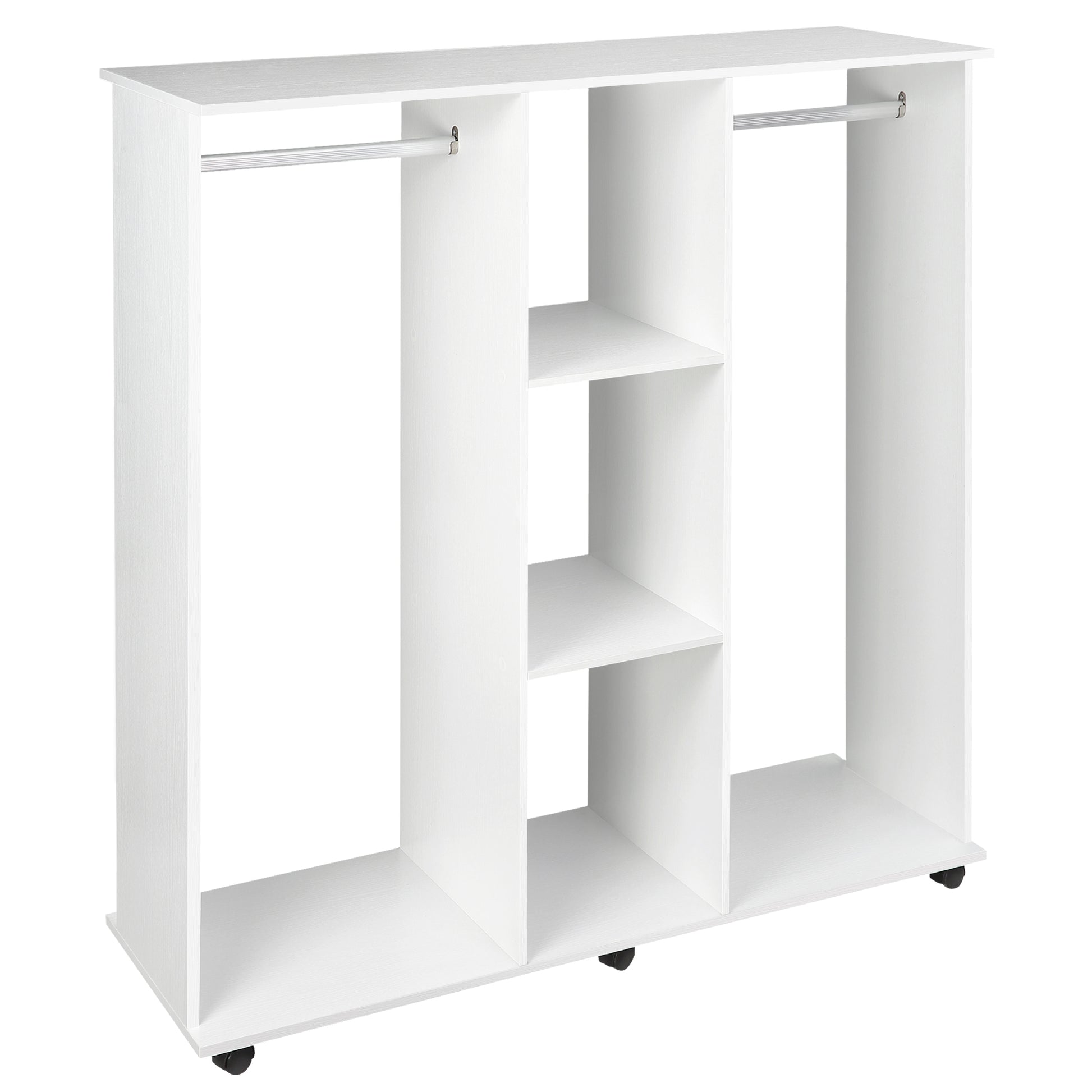 Photo of HOMCOM Open Wardrobe Double Mobile Storage Shelves Organizer W/6 Wheels-White in Wheels-White colour on a white background