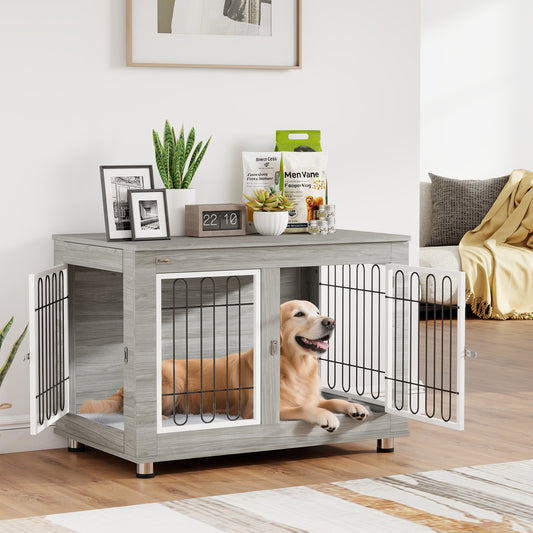 Photo of PawHut Dog Crate Furniture, Dog Cage End Table. with Soft Cushion, Double Door, for Medium/Large Dogs, Grey in Grey colour on a white background