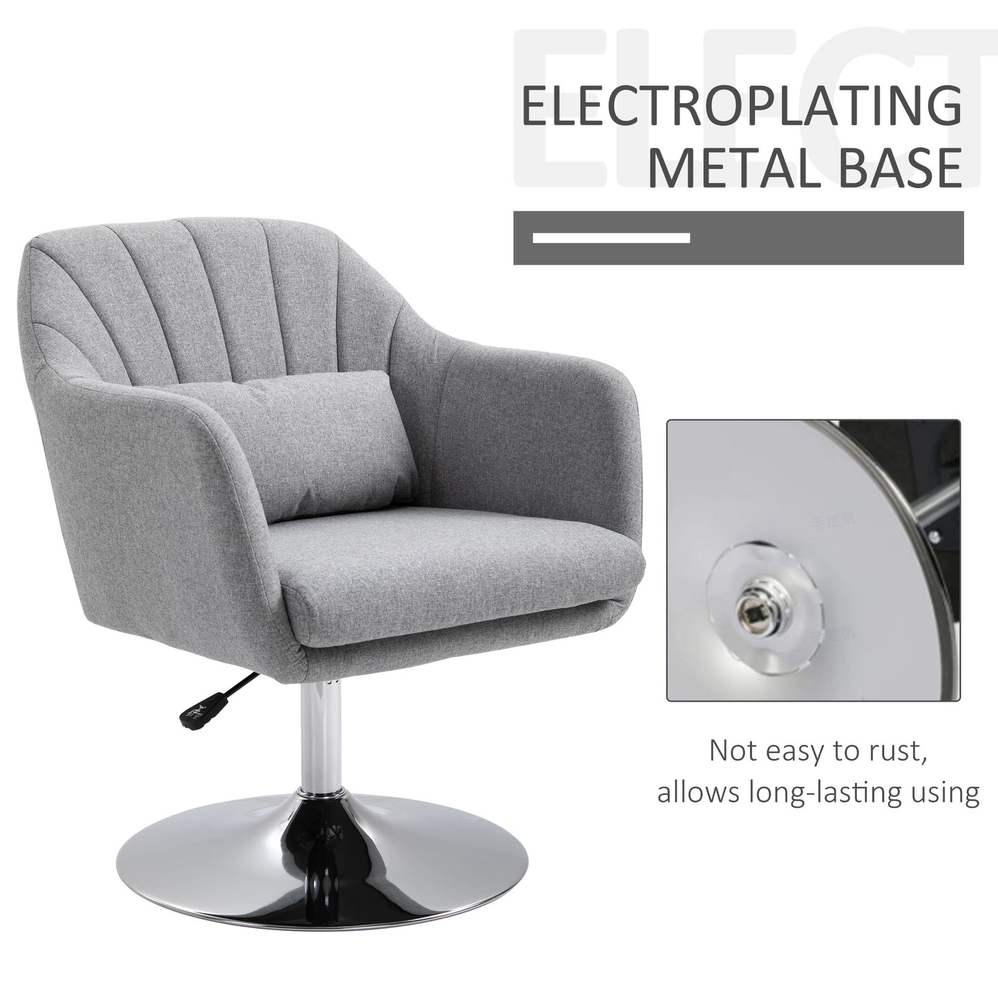 HOMCOM Swivel Accent Chair, Linen Fabric Tub Vanity Chair, Modern Armchair with Adjustable Height and Lumbar Support for Living Room Bedroom Salon Make up Room Dressing Table, Light Grey