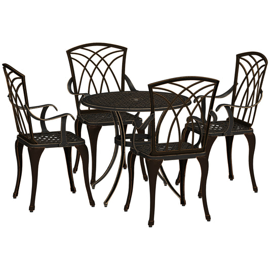 Photo of Outsunny 5 Pieces Garden Dining Set for 4, Cast Aluminium Outdoor Dining Set with 4 Armchairs and Round Dining Table with Parasol Hole, Garden Furniture Bistro Set, Bronze Tone in Tone colour on a white background