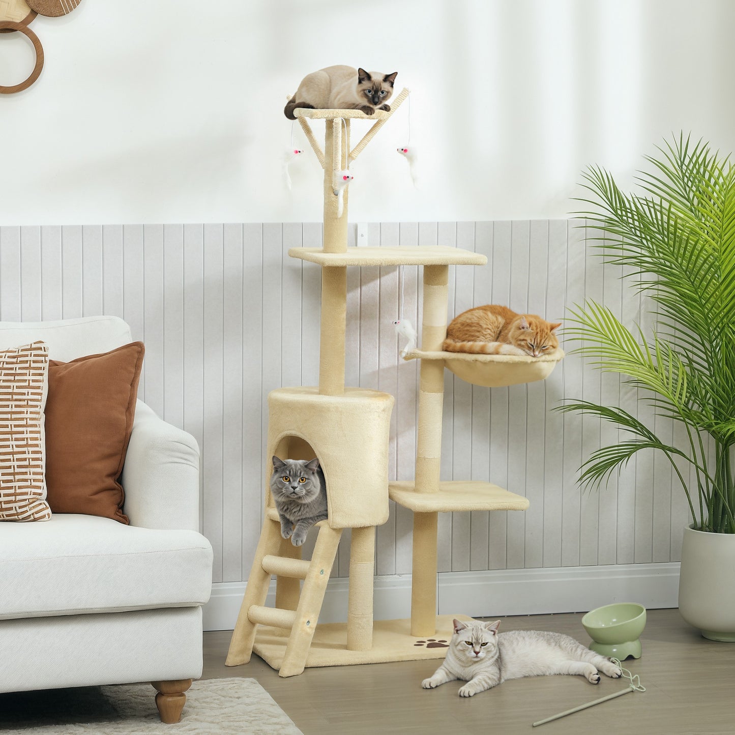 PawHut Multi-Level Cat Tree with Scratching Post, Ladder, Cat House, Beige